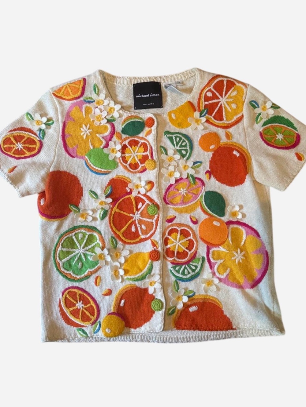 Michael Simon Cream Short-Sleeve Fruit Appliqué Button Cardigan